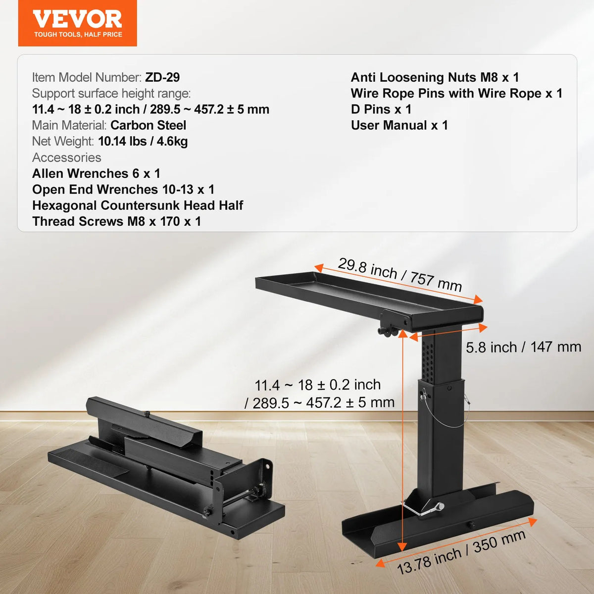 VEVOR kāpņu līmeņotājs ar regulējamu augstumu 29–46 cm un balsta virsmu 76 × 29 cm, tērauda konstrukcija, salokāms stabilizators kāpnēm uz nelīdzenas virsmas, piemērots pagarināmajām kāpnēm - ZEMLETES.LV