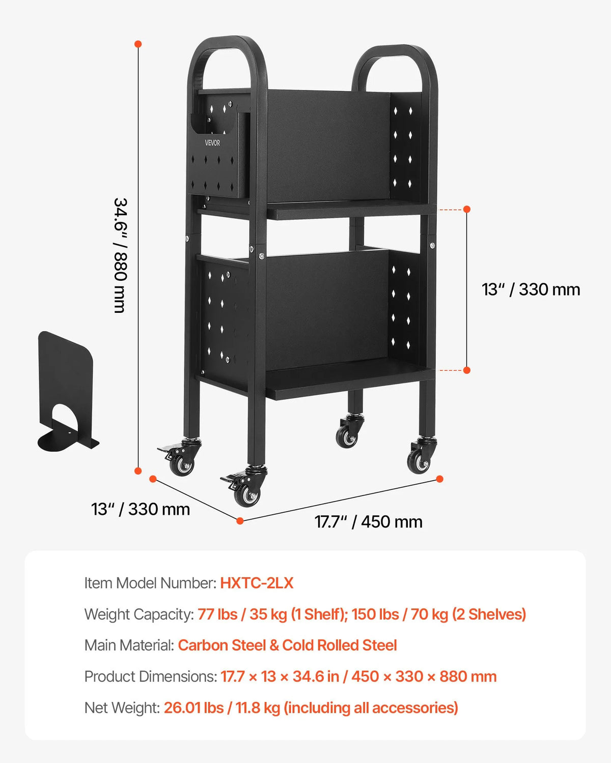 VEVOR Bibliotēkas grāmatu ratiņi uz riteņiem, kravnesība 70 kg, 45 x 33 x 88 cm, divpusēji L veida plaukti, 50,8 mm bloķējami riteņi, melni - ZEMLETES.LV