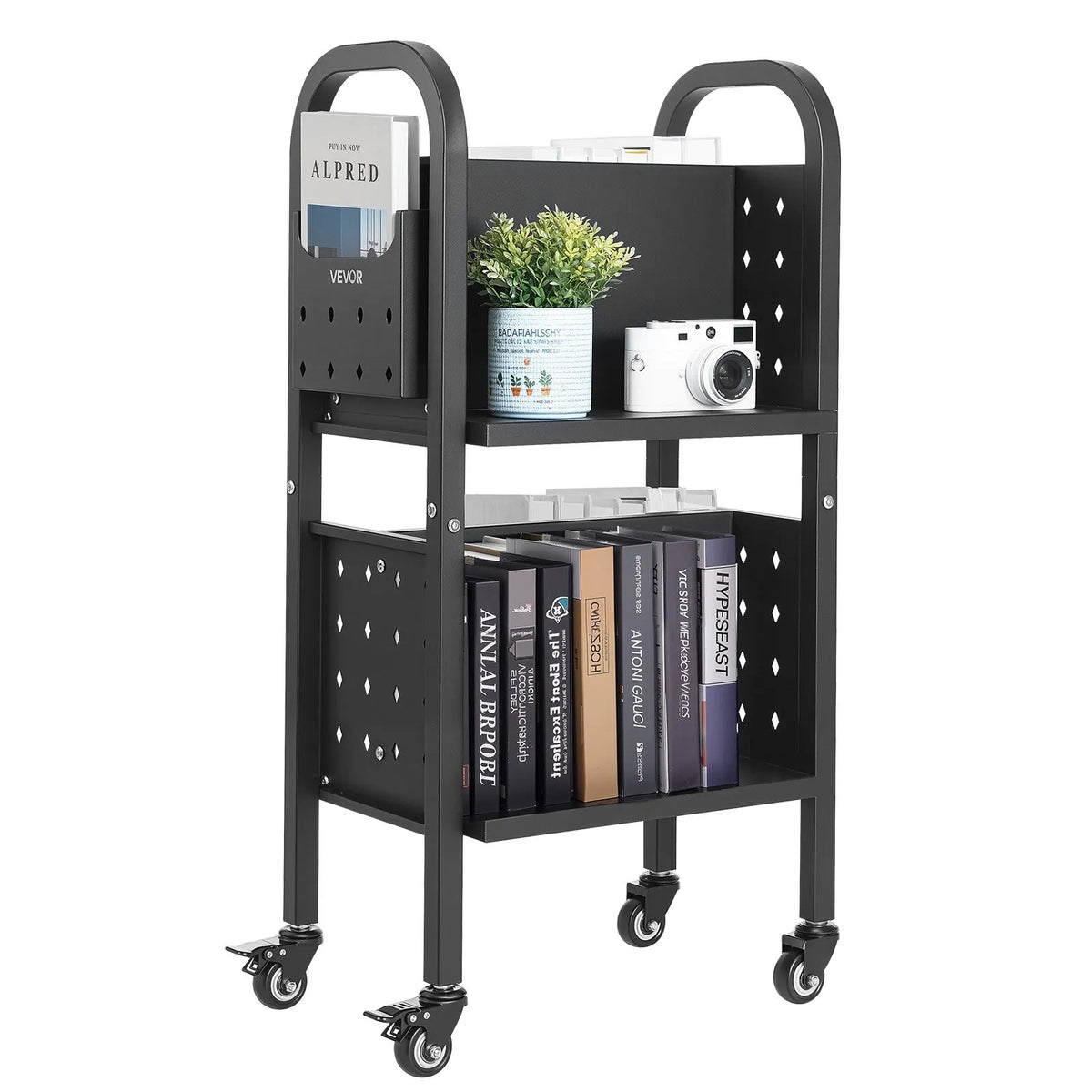 VEVOR Bibliotēkas grāmatu ratiņi uz riteņiem, kravnesība 70 kg, 45 x 33 x 88 cm, divpusēji L veida plaukti, 50,8 mm bloķējami riteņi, melni - ZEMLETES.LV