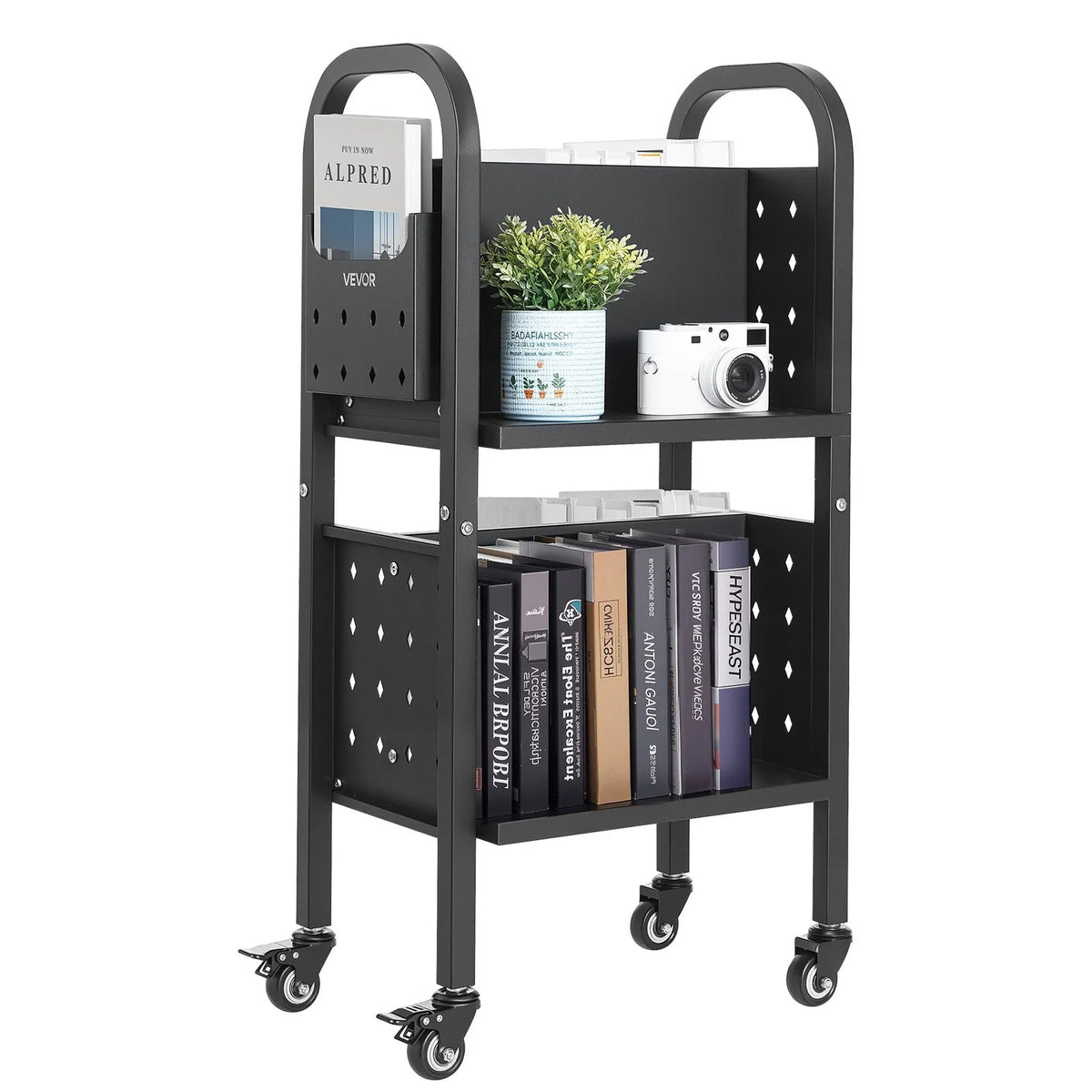 VEVOR Bibliotēkas grāmatu ratiņi uz riteņiem, kravnesība 70 kg, 45 x 33 x 88 cm, divpusēji L veida plaukti, 50,8 mm bloķējami riteņi, melni - ZEMLETES.LV