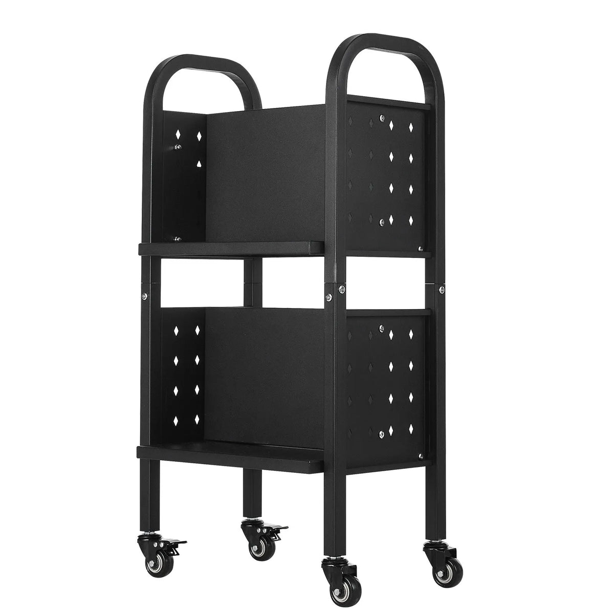 VEVOR Bibliotēkas grāmatu ratiņi uz riteņiem, kravnesība 70 kg, 45 x 33 x 88 cm, divpusēji L veida plaukti, 50,8 mm bloķējami riteņi, melni - ZEMLETES.LV