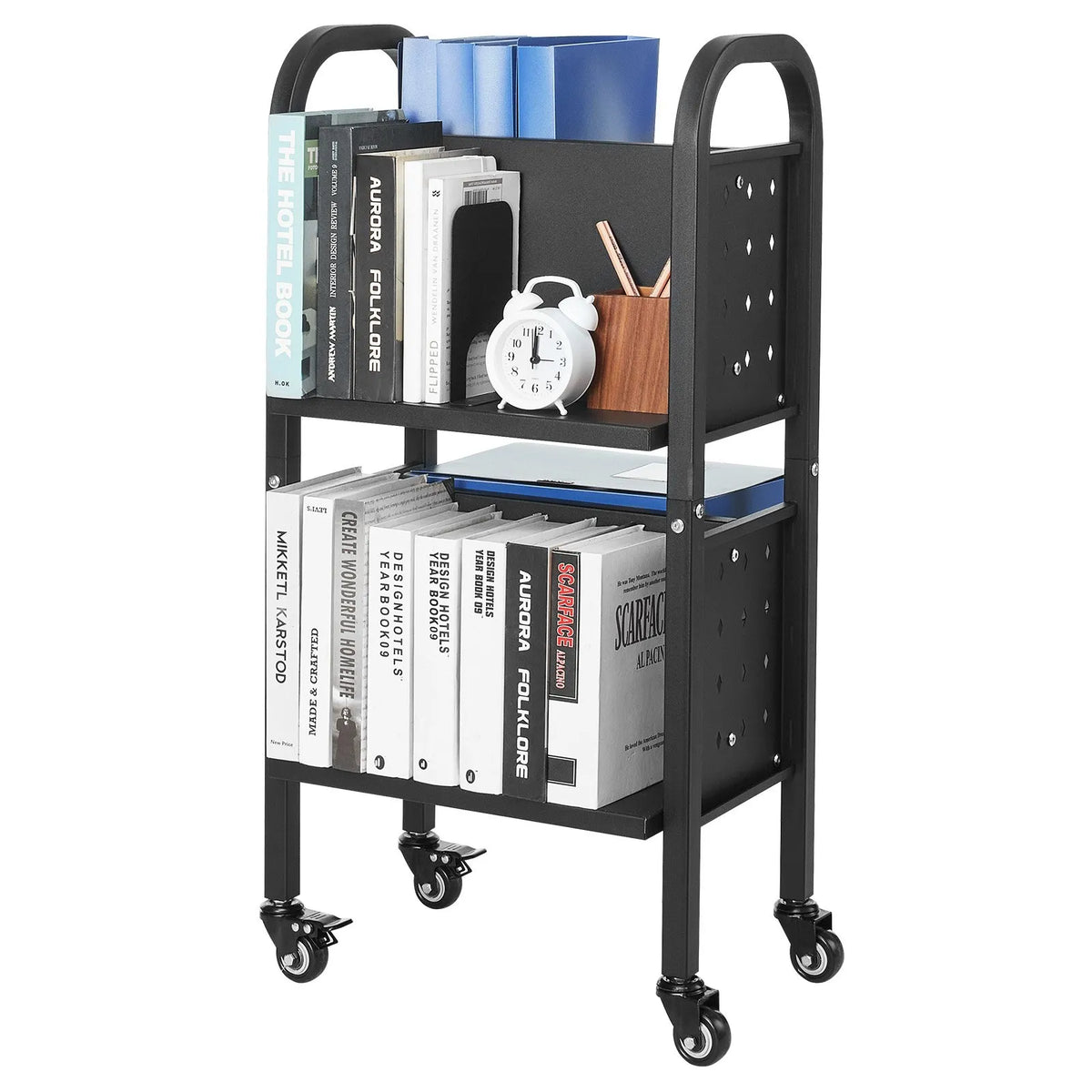 VEVOR Bibliotēkas grāmatu ratiņi uz riteņiem, kravnesība 70 kg, 45 x 33 x 88 cm, divpusēji L veida plaukti, 50,8 mm bloķējami riteņi, melni - ZEMLETES.LV