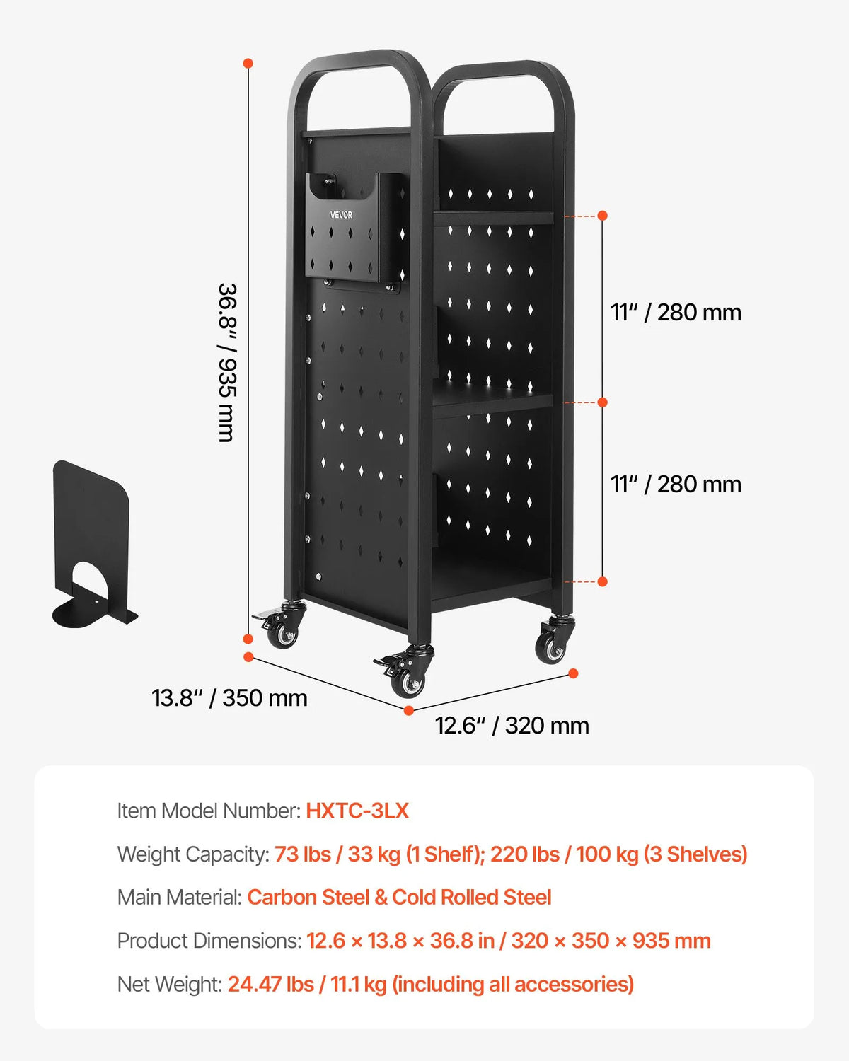 VEVOR pārvietojamais bibliotēkas grāmatu ratiņš līdz 100 kg, 320 x 350 x 935 mm ar vienpusējiem L veida plauktiem un 50,8 mm bloķējamiem riteņiem, piemērots mājām, birojam un skolai, melns - ZEMLETES.LV