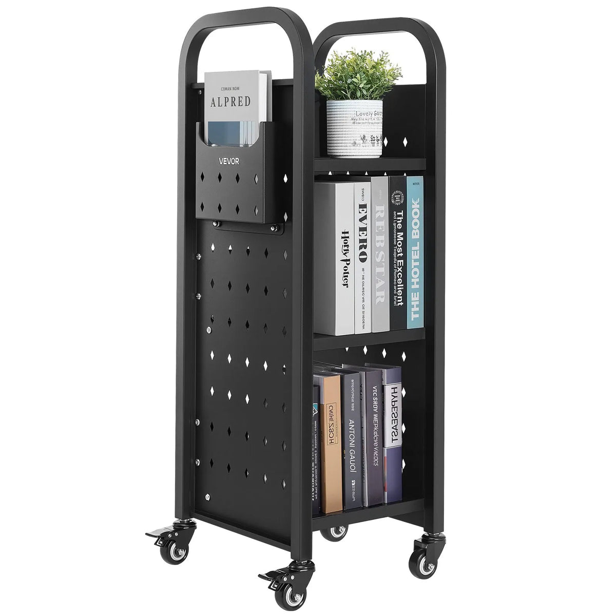 VEVOR pārvietojamais bibliotēkas grāmatu ratiņš līdz 100 kg, 320 x 350 x 935 mm ar vienpusējiem L veida plauktiem un 50,8 mm bloķējamiem riteņiem, piemērots mājām, birojam un skolai, melns - ZEMLETES.LV