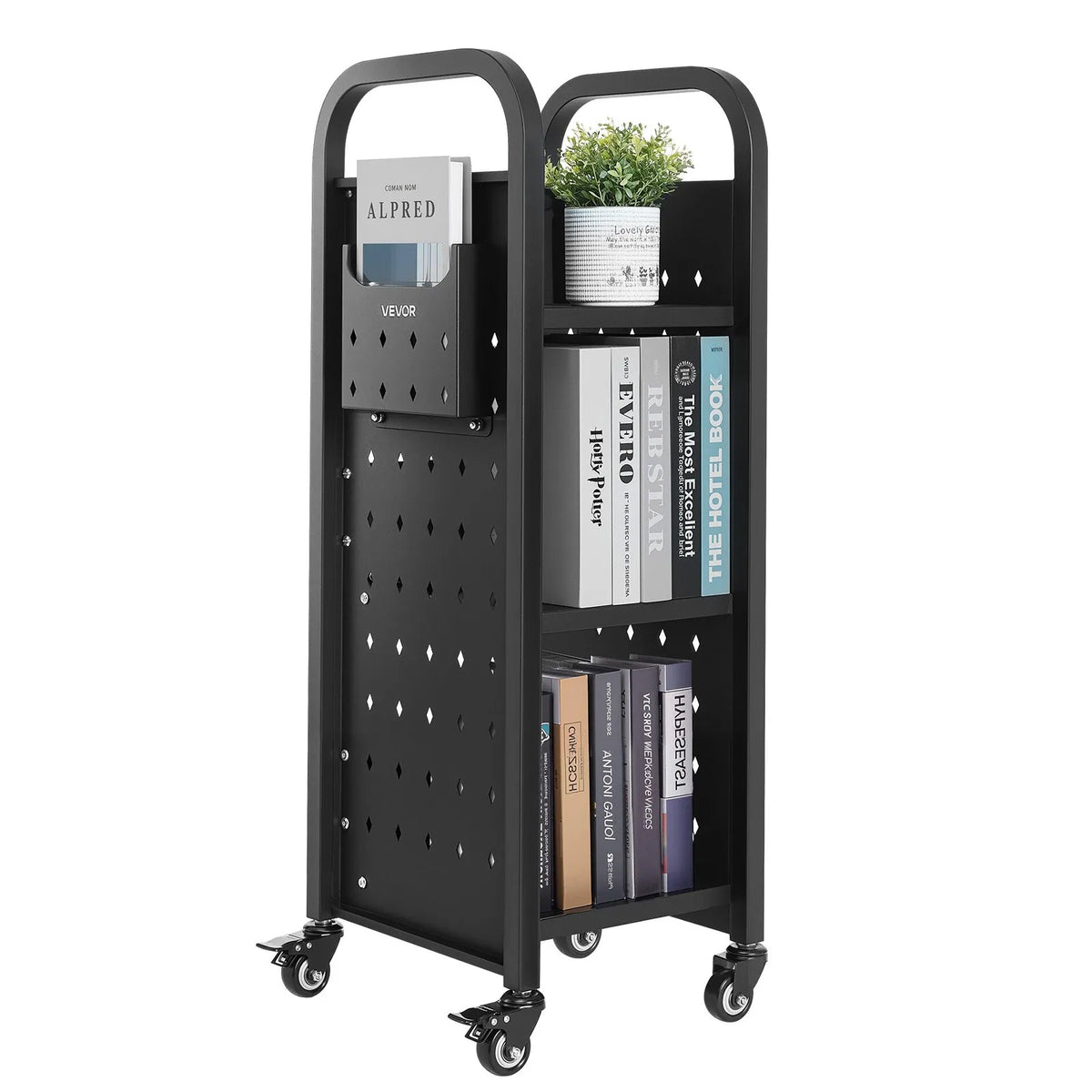 VEVOR pārvietojamais bibliotēkas grāmatu ratiņš līdz 100 kg, 320 x 350 x 935 mm ar vienpusējiem L veida plauktiem un 50,8 mm bloķējamiem riteņiem, piemērots mājām, birojam un skolai, melns - ZEMLETES.LV