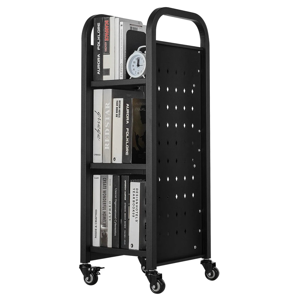 VEVOR pārvietojamais bibliotēkas grāmatu ratiņš līdz 100 kg, 320 x 350 x 935 mm ar vienpusējiem L veida plauktiem un 50,8 mm bloķējamiem riteņiem, piemērots mājām, birojam un skolai, melns - ZEMLETES.LV