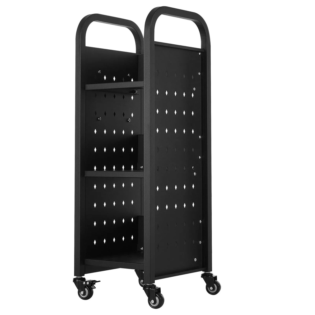 VEVOR pārvietojamais bibliotēkas grāmatu ratiņš līdz 100 kg, 320 x 350 x 935 mm ar vienpusējiem L veida plauktiem un 50,8 mm bloķējamiem riteņiem, piemērots mājām, birojam un skolai, melns - ZEMLETES.LV
