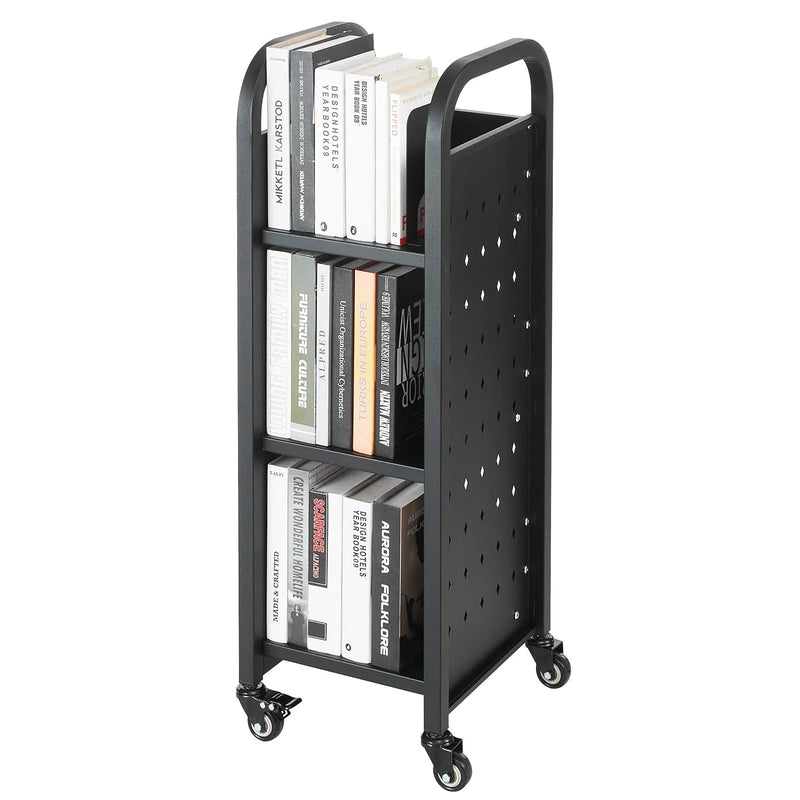 VEVOR pārvietojamais bibliotēkas grāmatu ratiņš līdz 100 kg, 320 x 350 x 935 mm ar vienpusējiem L veida plauktiem un 50,8 mm bloķējamiem riteņiem, piemērots mājām, birojam un skolai, melns - ZEMLETES.LV