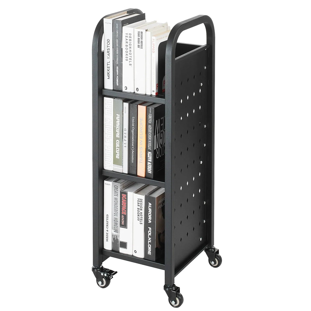 VEVOR pārvietojamais bibliotēkas grāmatu ratiņš līdz 100 kg, 320 x 350 x 935 mm ar vienpusējiem L veida plauktiem un 50,8 mm bloķējamiem riteņiem, piemērots mājām, birojam un skolai, melns - ZEMLETES.LV