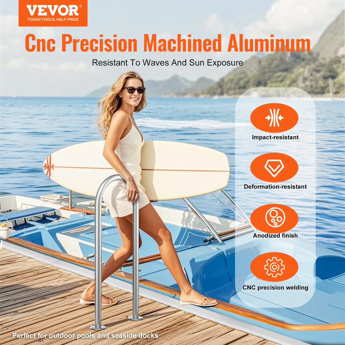 VEVOR Pool Handrails 91.4 × 33 cm, Aluminium Safety Handrails with Base Plate for Indoor and Outdoor Pools, Ergonomic Swimming Pool Safety Handrails for Terraces, Rust-Resistant Grip Handle with Accessories for SPA Zones and Docks
