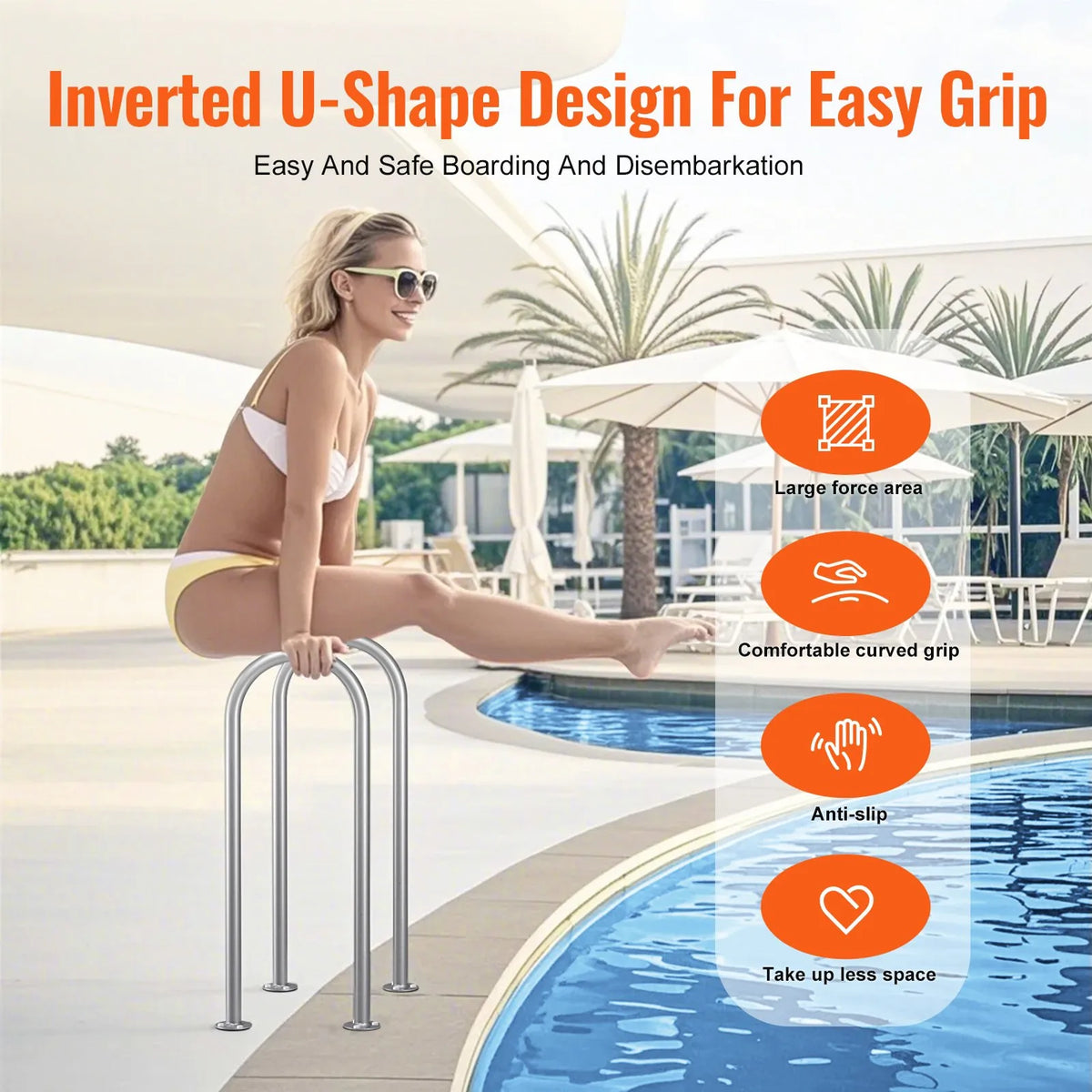 VEVOR Pool Handrails 91.4 × 33 cm, Aluminium Safety Handrails with Base Plate for Indoor and Outdoor Pools, Ergonomic Swimming Pool Safety Handrails for Terraces, Rust-Resistant Grip Handle with Accessories for SPA Zones and Docks