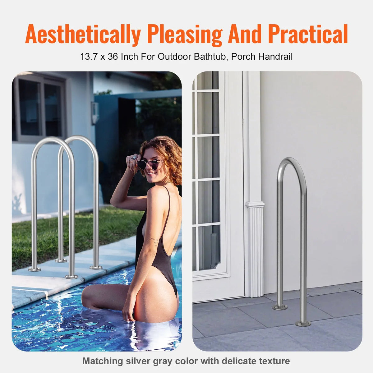 VEVOR Pool Handrails 91.4 × 33 cm, Aluminium Safety Handrails with Base Plate for Indoor and Outdoor Pools, Ergonomic Swimming Pool Safety Handrails for Terraces, Rust-Resistant Grip Handle with Accessories for SPA Zones and Docks