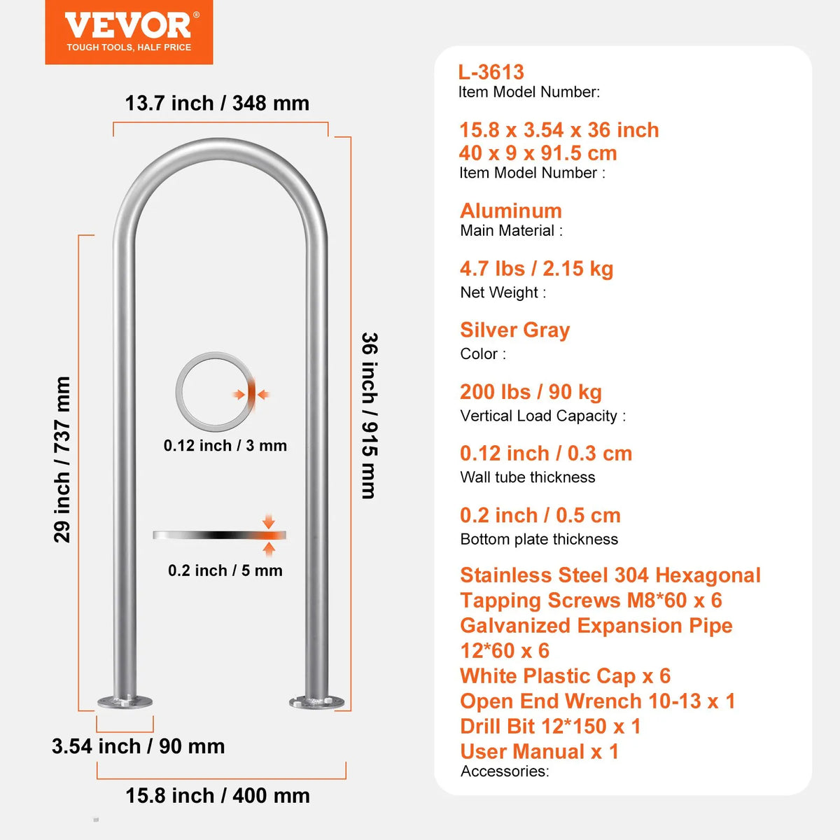 VEVOR Pool Handrails 91.4 × 33 cm, Aluminium Safety Handrails with Base Plate for Indoor and Outdoor Pools, Ergonomic Swimming Pool Safety Handrails for Terraces, Rust-Resistant Grip Handle with Accessories for SPA Zones and Docks
