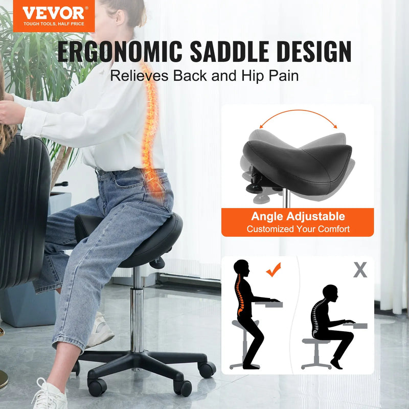 VEVOR seglu formas krēsls ar riteņiem, kravnesība 181,4 kg, ergonomisks regulējama augstuma krēsls ar biezu PU ādas sēdekli, 360° grozāms mobilais krēsls salonam, SPA, tetovēšanas studijai un klīnikai, melns