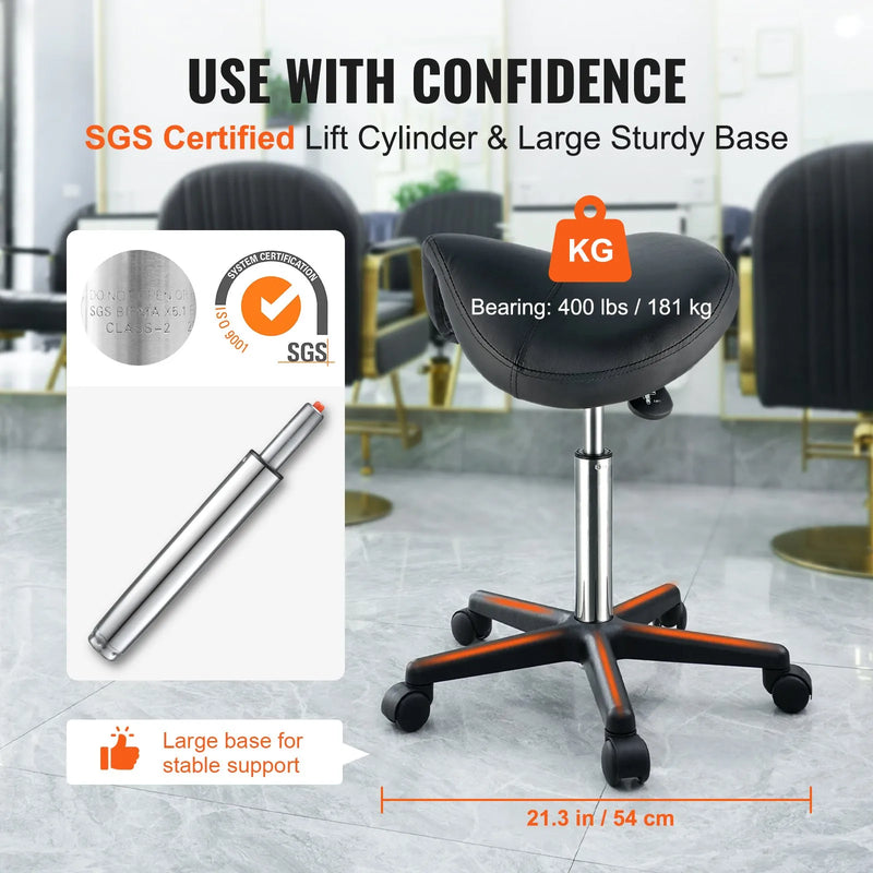 VEVOR seglu formas krēsls ar riteņiem, kravnesība 181,4 kg, ergonomisks regulējama augstuma krēsls ar biezu PU ādas sēdekli, 360° grozāms mobilais krēsls salonam, SPA, tetovēšanas studijai un klīnikai, melns