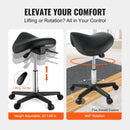 VEVOR seglu formas krēsls ar riteņiem, kravnesība 181,4 kg, ergonomisks regulējama augstuma krēsls ar biezu PU ādas sēdekli, 360° grozāms mobilais krēsls salonam, SPA, tetovēšanas studijai un klīnikai, melns