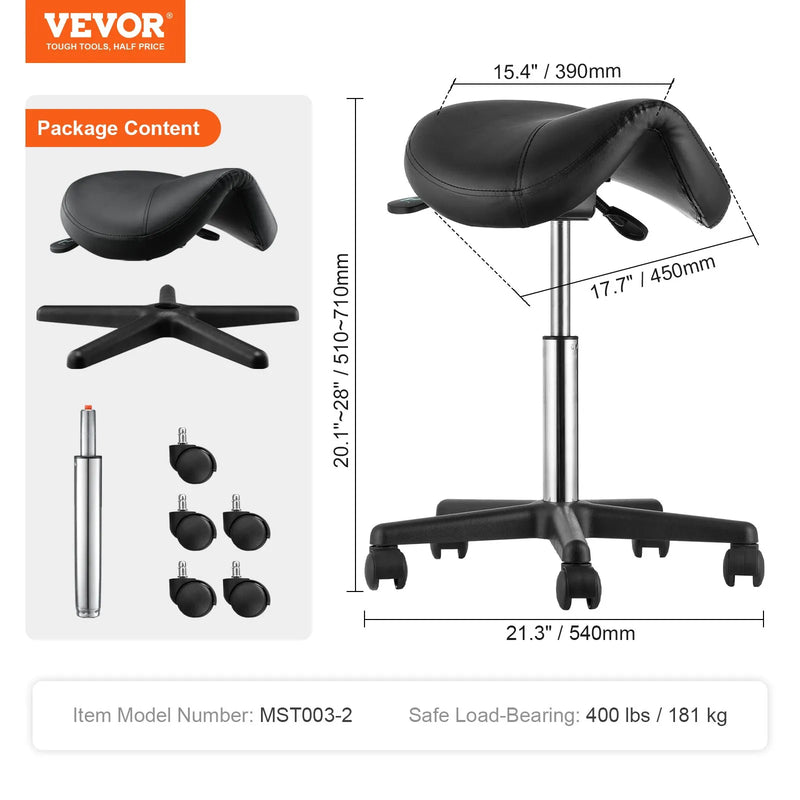 VEVOR seglu formas krēsls ar riteņiem, kravnesība 181,4 kg, ergonomisks regulējama augstuma krēsls ar biezu PU ādas sēdekli, 360° grozāms mobilais krēsls salonam, SPA, tetovēšanas studijai un klīnikai, melns