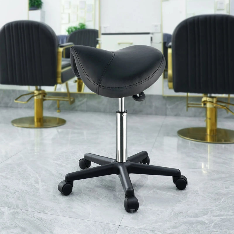 VEVOR seglu formas krēsls ar riteņiem, kravnesība 181,4 kg, ergonomisks regulējama augstuma krēsls ar biezu PU ādas sēdekli, 360° grozāms mobilais krēsls salonam, SPA, tetovēšanas studijai un klīnikai, melns