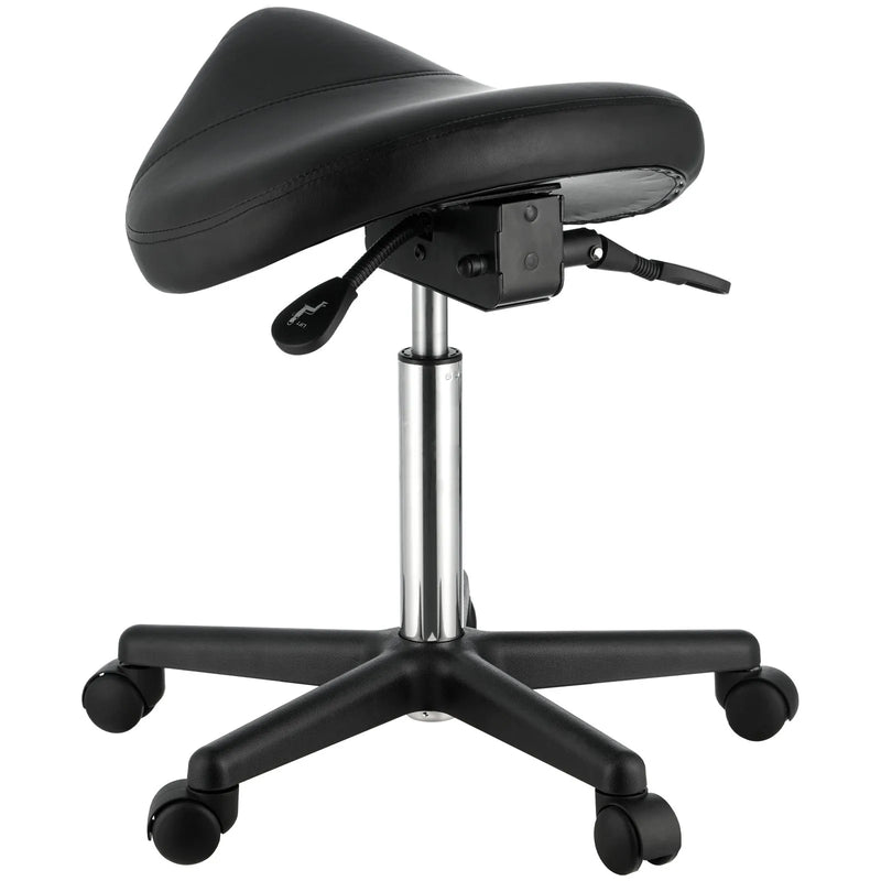 VEVOR seglu formas krēsls ar riteņiem, kravnesība 181,4 kg, ergonomisks regulējama augstuma krēsls ar biezu PU ādas sēdekli, 360° grozāms mobilais krēsls salonam, SPA, tetovēšanas studijai un klīnikai, melns