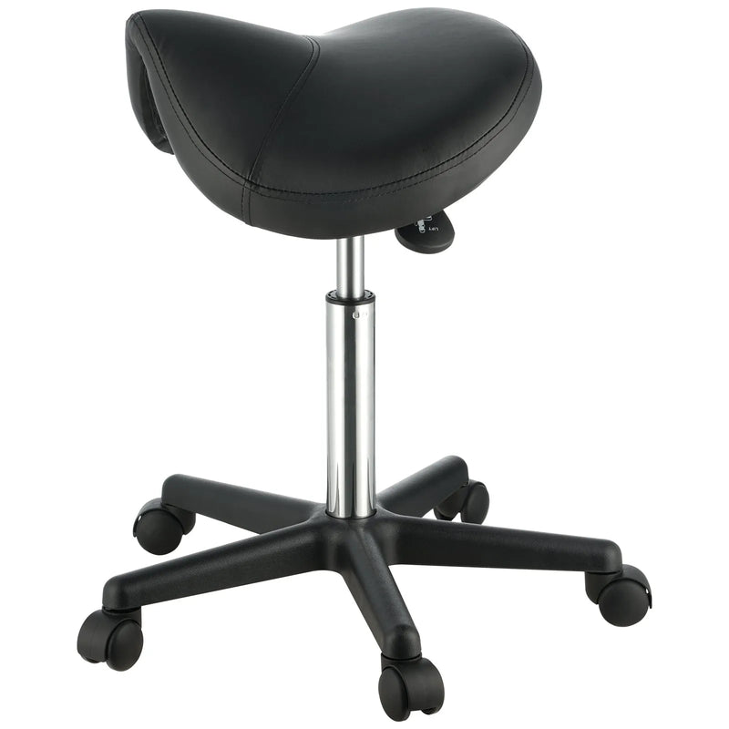 VEVOR seglu formas krēsls ar riteņiem, kravnesība 181,4 kg, ergonomisks regulējama augstuma krēsls ar biezu PU ādas sēdekli, 360° grozāms mobilais krēsls salonam, SPA, tetovēšanas studijai un klīnikai, melns