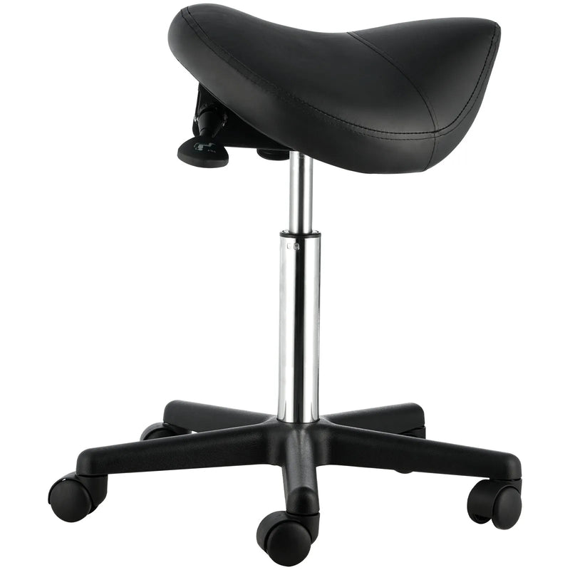 VEVOR seglu formas krēsls ar riteņiem, kravnesība 181,4 kg, ergonomisks regulējama augstuma krēsls ar biezu PU ādas sēdekli, 360° grozāms mobilais krēsls salonam, SPA, tetovēšanas studijai un klīnikai, melns