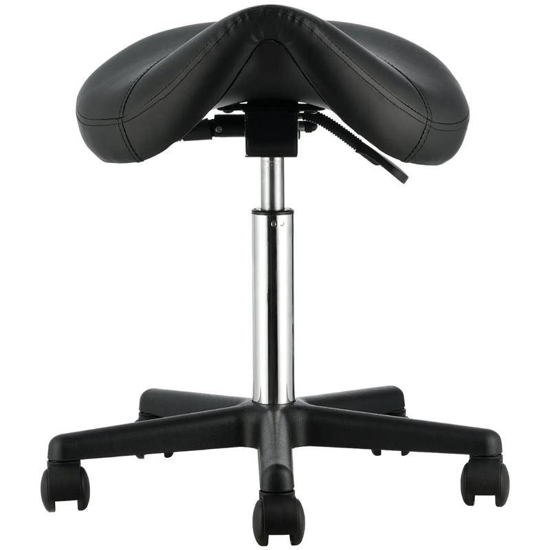 VEVOR seglu formas krēsls ar riteņiem, kravnesība 181,4 kg, ergonomisks regulējama augstuma krēsls ar biezu PU ādas sēdekli, 360° grozāms mobilais krēsls salonam, SPA, tetovēšanas studijai un klīnikai, melns