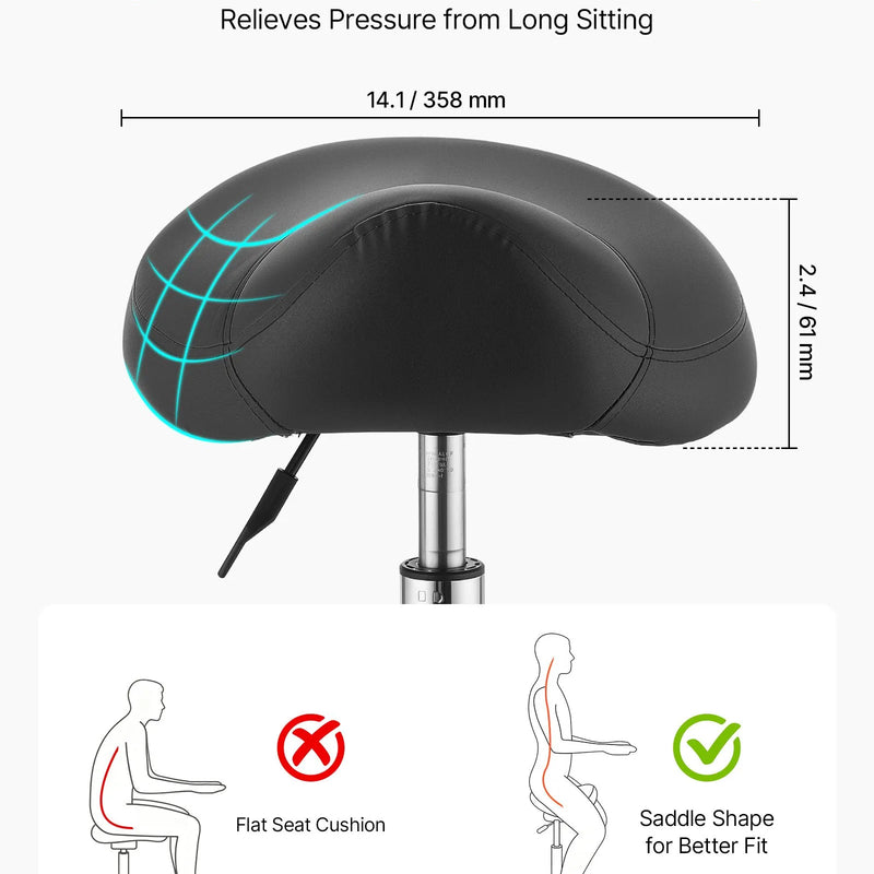 VEVOR seglu formas krēsls ar riteņiem, kravnesība 226,8 kg, regulējama augstuma ergonomisks krēsls ar PU ādas sēdekli, 360° grozāms mobilais krēsls salonam, SPA, bāram, mājām, medicīnas iestādēm un masāžai, melns