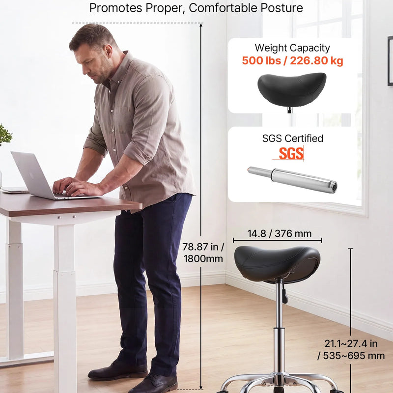 VEVOR seglu formas krēsls ar riteņiem, kravnesība 226,8 kg, regulējama augstuma ergonomisks krēsls ar PU ādas sēdekli, 360° grozāms mobilais krēsls salonam, SPA, bāram, mājām, medicīnas iestādēm un masāžai, melns