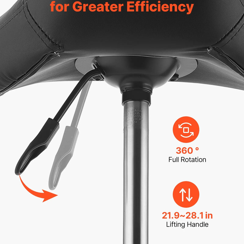 VEVOR seglu formas krēsls ar riteņiem, kravnesība 226,8 kg, regulējama augstuma ergonomisks krēsls ar PU ādas sēdekli, 360° grozāms mobilais krēsls salonam, SPA, bāram, mājām, medicīnas iestādēm un masāžai, melns