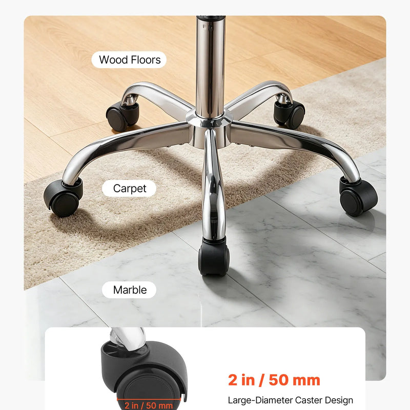VEVOR seglu formas krēsls ar riteņiem, kravnesība 226,8 kg, regulējama augstuma ergonomisks krēsls ar PU ādas sēdekli, 360° grozāms mobilais krēsls salonam, SPA, bāram, mājām, medicīnas iestādēm un masāžai, melns