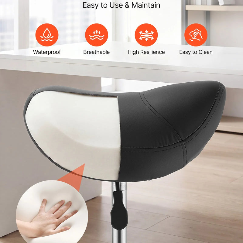 VEVOR seglu formas krēsls ar riteņiem, kravnesība 226,8 kg, regulējama augstuma ergonomisks krēsls ar PU ādas sēdekli, 360° grozāms mobilais krēsls salonam, SPA, bāram, mājām, medicīnas iestādēm un masāžai, melns
