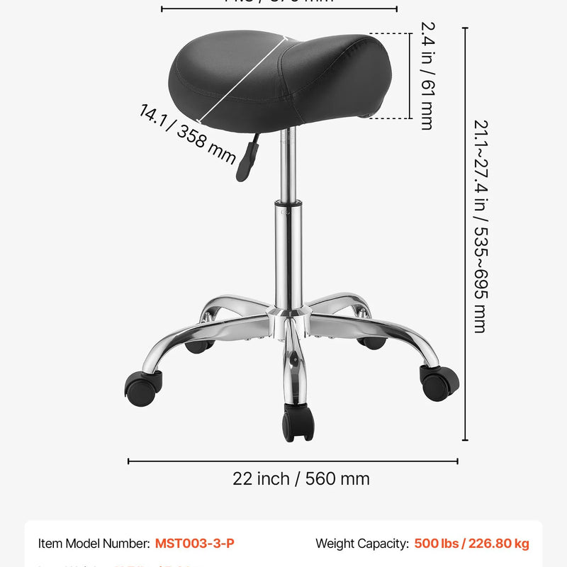 VEVOR seglu formas krēsls ar riteņiem, kravnesība 226,8 kg, regulējama augstuma ergonomisks krēsls ar PU ādas sēdekli, 360° grozāms mobilais krēsls salonam, SPA, bāram, mājām, medicīnas iestādēm un masāžai, melns