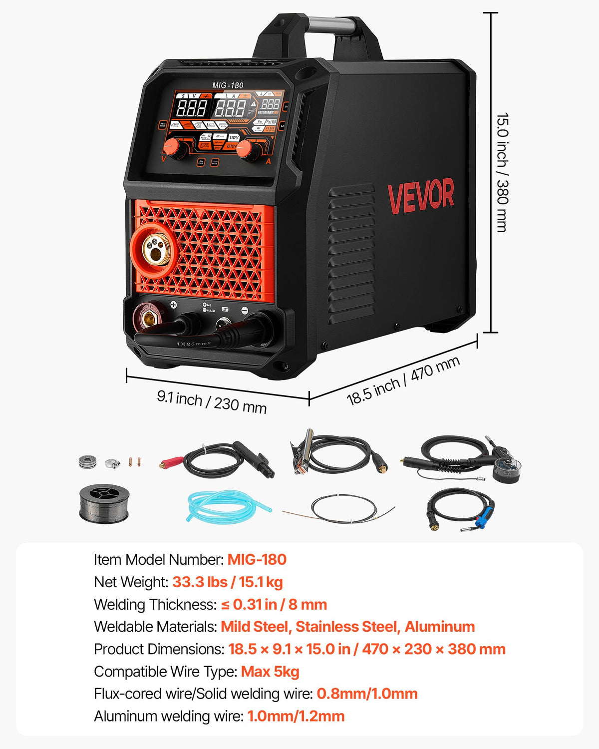 VEVOR 5-in-1 MIG metināšanas iekārta, 180 A, 110/220 V, alumīnija metināšanai, sinerģiskā vadība, komplektā stieples padeves pistole