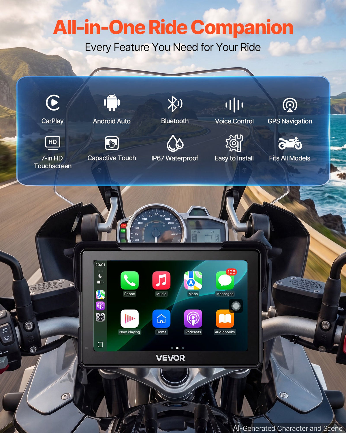 VEVOR 7 collu bezvadu motocikla CarPlay sistēma ar Apple CarPlay, Android Auto, GPS un IP67