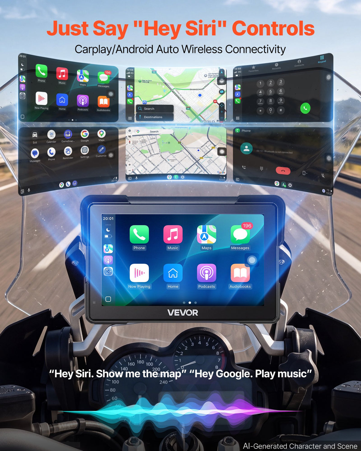 VEVOR 7 collu bezvadu motocikla CarPlay sistēma ar Apple CarPlay, Android Auto, GPS un IP67