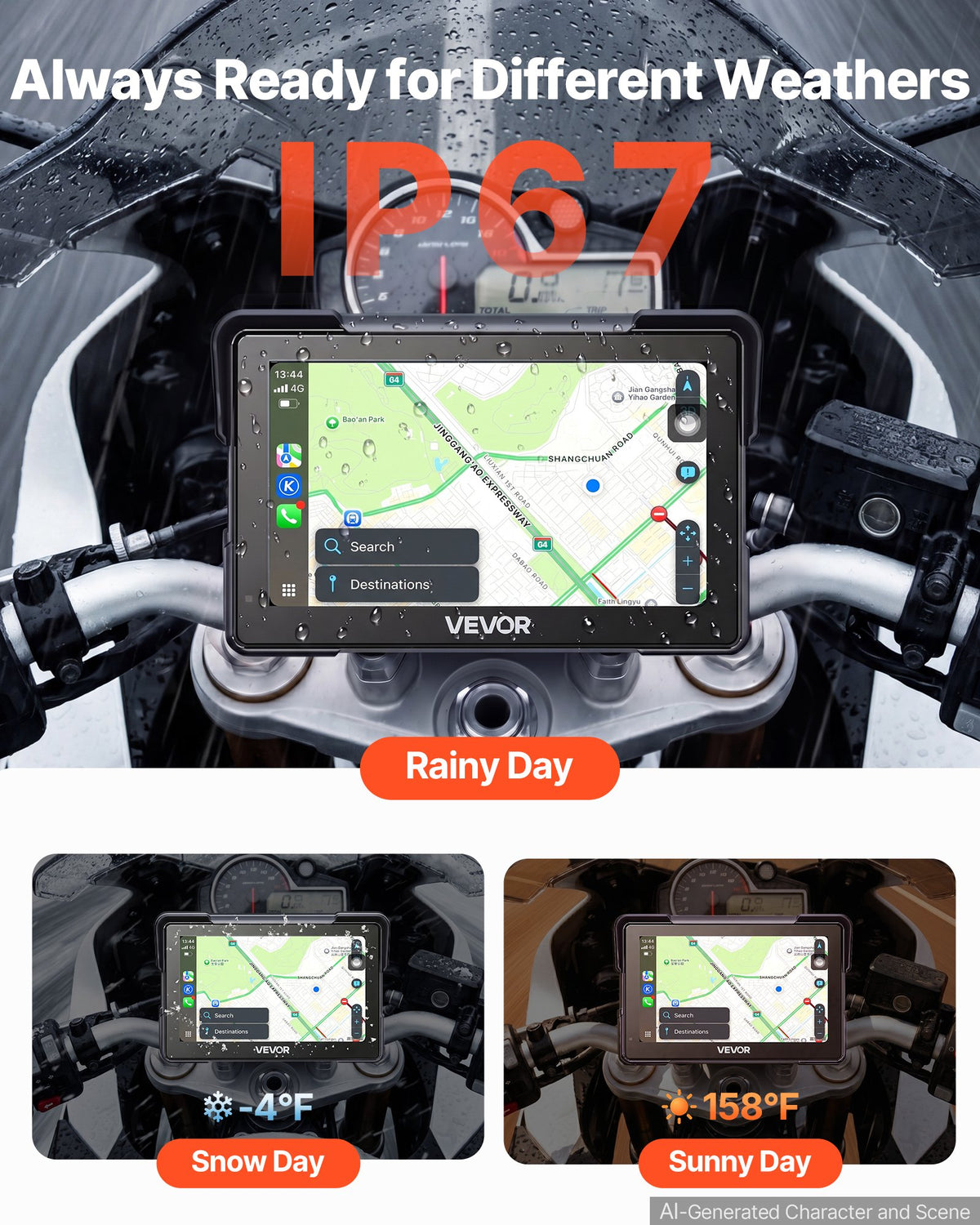 VEVOR 7 collu bezvadu motocikla CarPlay sistēma ar Apple CarPlay, Android Auto, GPS un IP67