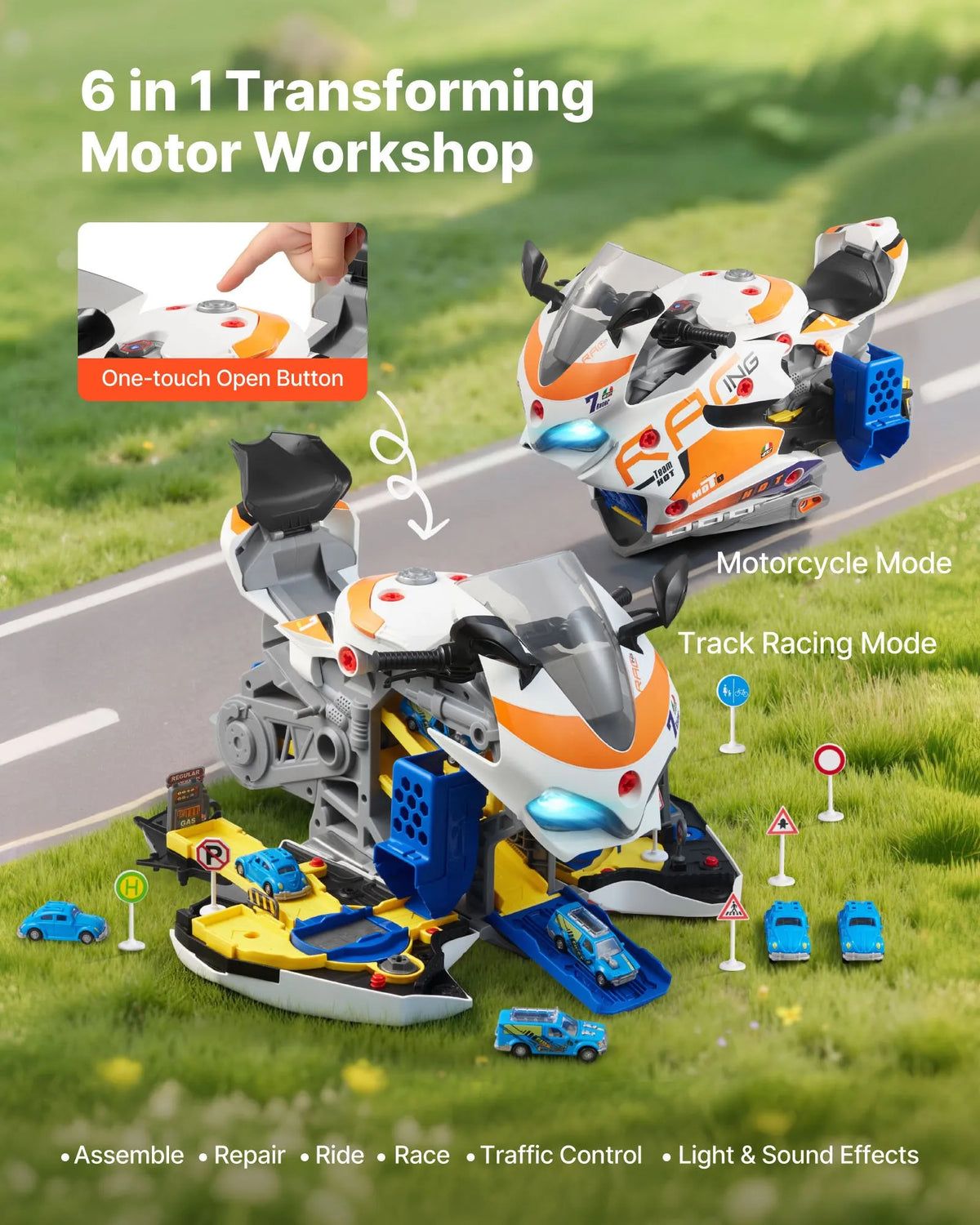 VEVOR Kids Motorcycle Engine 25 Pieces with Light, Sound and Racing Track, from 3 Years, Yellow