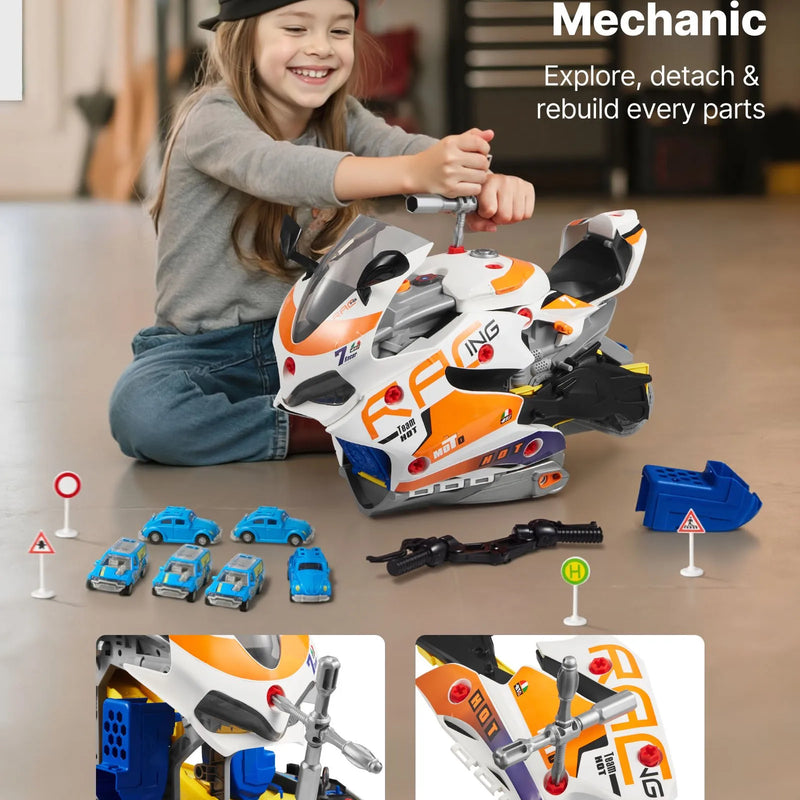 VEVOR bērnu rotaļu motocikla dzinējs, 25 detaļas, motocikla mehāniķa komplekts ar noņemamām detaļām, gaismas un skaņas efektiem, simulētu braukšanu un sacīkšu trasi, bērniem no 3 gadu vecuma, dzeltens