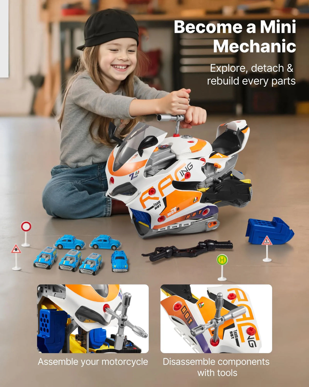 VEVOR Kids Motorcycle Engine 25 Pieces with Light, Sound and Racing Track, from 3 Years, Yellow
