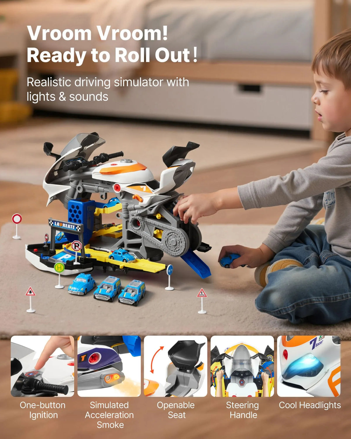 VEVOR Kids Motorcycle Engine 25 Pieces with Light, Sound and Racing Track, from 3 Years, Yellow