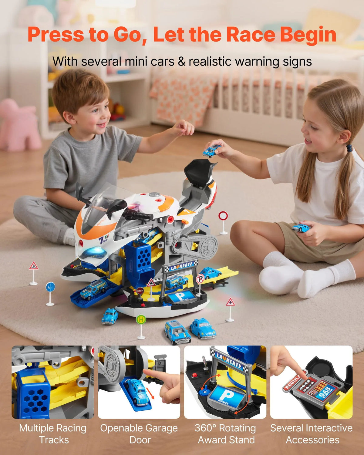 VEVOR Kids Motorcycle Engine 25 Pieces with Light, Sound and Racing Track, from 3 Years, Yellow