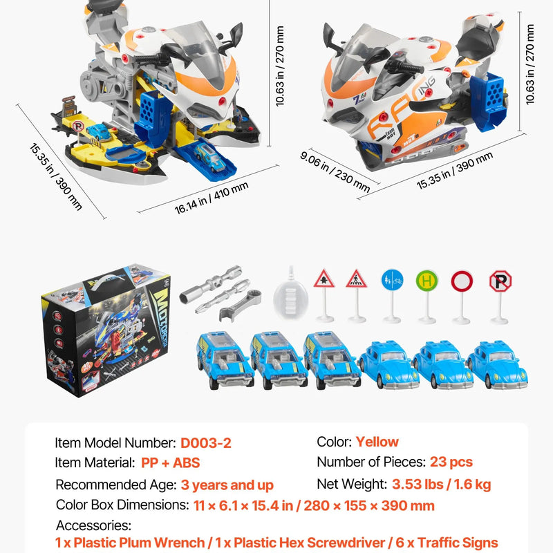 VEVOR bērnu rotaļu motocikla dzinējs, 25 detaļas, motocikla mehāniķa komplekts ar noņemamām detaļām, gaismas un skaņas efektiem, simulētu braukšanu un sacīkšu trasi, bērniem no 3 gadu vecuma, dzeltens