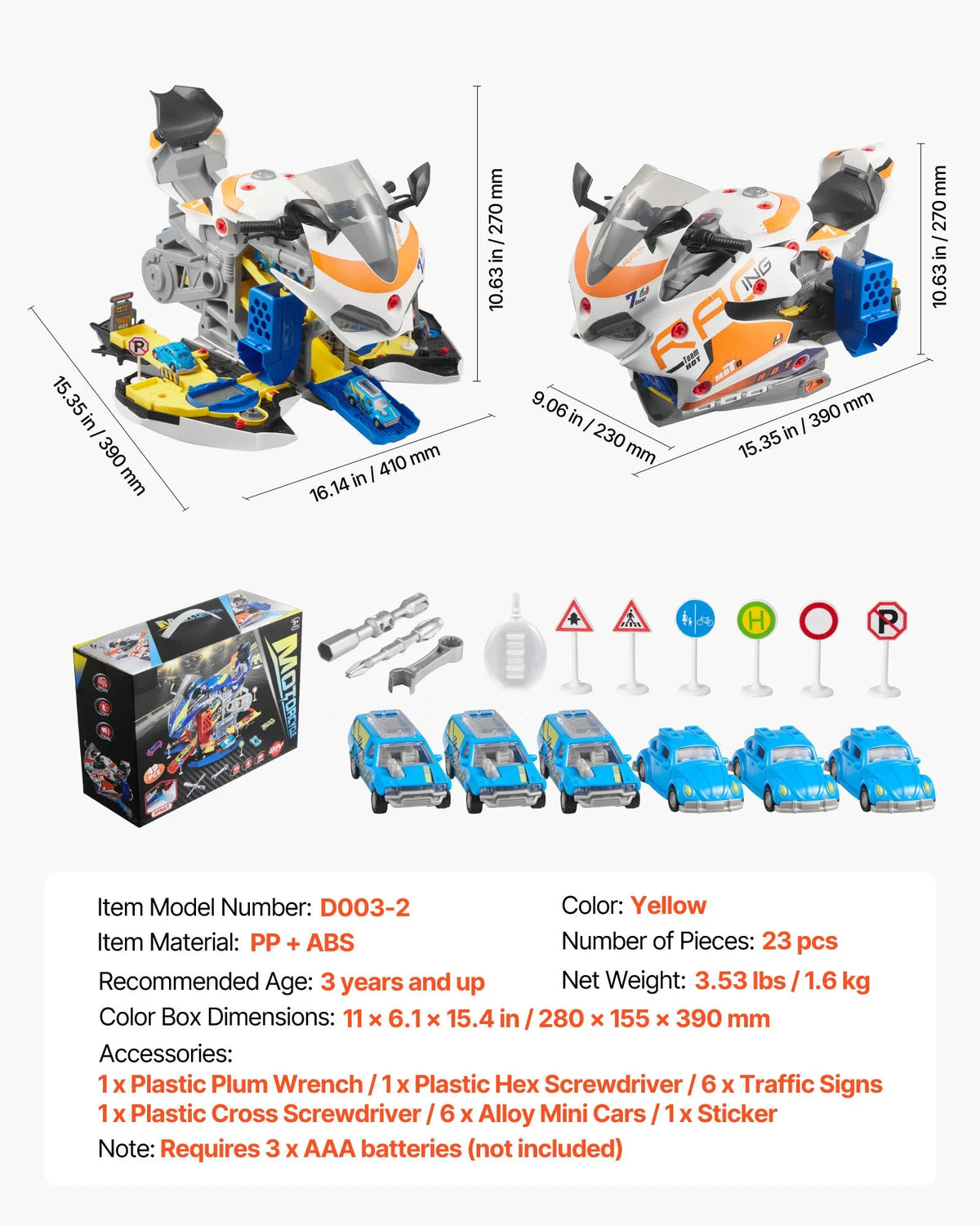 VEVOR Kids Motorcycle Engine 25 Pieces with Light, Sound and Racing Track, from 3 Years, Yellow