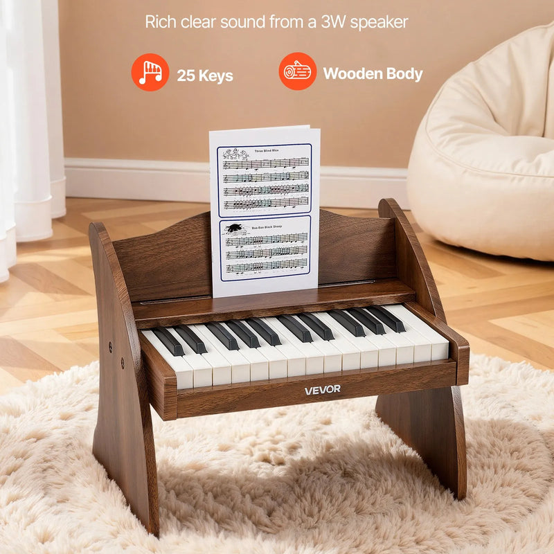 VEVOR bērnu klavieru klaviatūra, 25 taustiņu koka digitālās klavieres bērniem, mini mūzikas izglītojoša instrumenta rotaļlieta ar reālistisku skaņu, dubulta barošana, regulējams skaļums, valrieksta krāsā, mazuļiem, zēniem un meitenēm mācībām