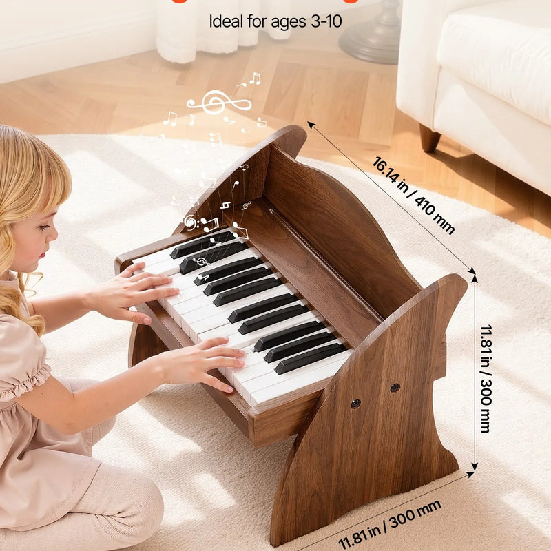 VEVOR bērnu klavieru klaviatūra, 25 taustiņu koka digitālās klavieres bērniem, mini mūzikas izglītojoša instrumenta rotaļlieta ar reālistisku skaņu, dubulta barošana, regulējams skaļums, valrieksta krāsā, mazuļiem, zēniem un meitenēm mācībām