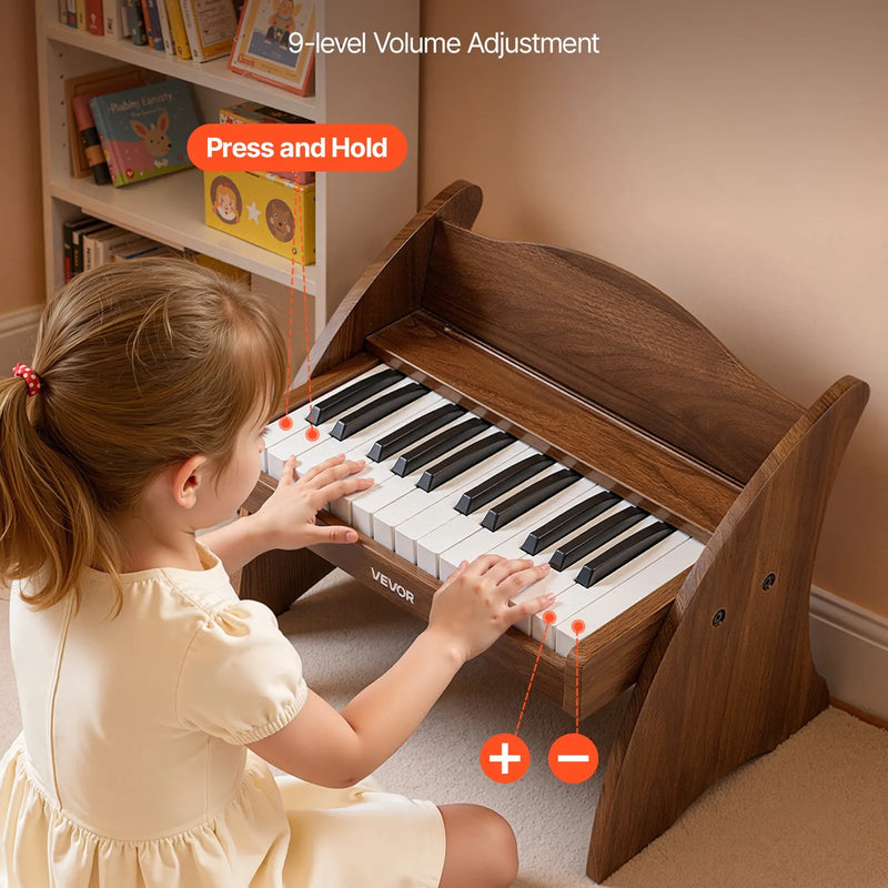VEVOR bērnu klavieru klaviatūra, 25 taustiņu koka digitālās klavieres bērniem, mini mūzikas izglītojoša instrumenta rotaļlieta ar reālistisku skaņu, dubulta barošana, regulējams skaļums, valrieksta krāsā, mazuļiem, zēniem un meitenēm mācībām