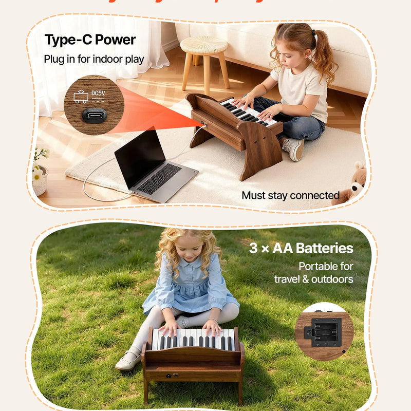 VEVOR bērnu klavieru klaviatūra, 25 taustiņu koka digitālās klavieres bērniem, mini mūzikas izglītojoša instrumenta rotaļlieta ar reālistisku skaņu, dubulta barošana, regulējams skaļums, valrieksta krāsā, mazuļiem, zēniem un meitenēm mācībām