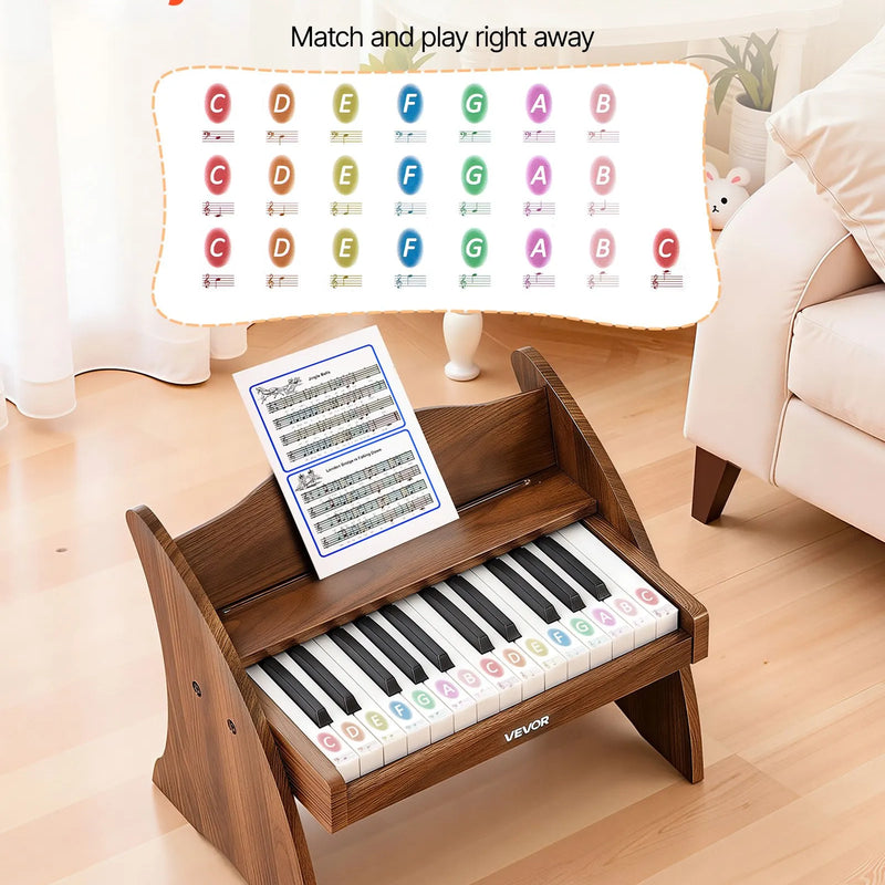 VEVOR bērnu klavieru klaviatūra, 25 taustiņu koka digitālās klavieres bērniem, mini mūzikas izglītojoša instrumenta rotaļlieta ar reālistisku skaņu, dubulta barošana, regulējams skaļums, valrieksta krāsā, mazuļiem, zēniem un meitenēm mācībām