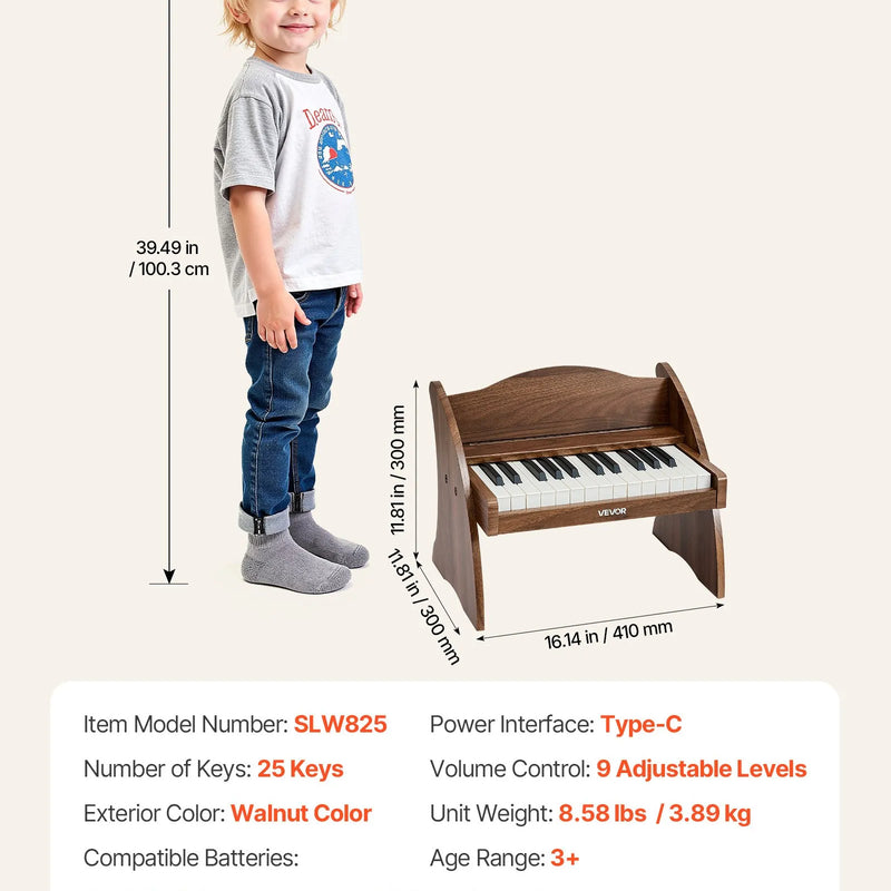 VEVOR bērnu klavieru klaviatūra, 25 taustiņu koka digitālās klavieres bērniem, mini mūzikas izglītojoša instrumenta rotaļlieta ar reālistisku skaņu, dubulta barošana, regulējams skaļums, valrieksta krāsā, mazuļiem, zēniem un meitenēm mācībām