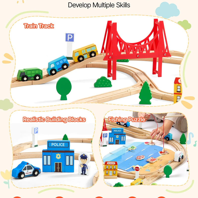 VEVOR Koka vilciena komplekts 113 gab. ar uzglabāšanas kasti, pilsētas tematikas dzelzceļa rotaļlieta bērniem 3–8 gadiem, savietojams ar populāriem zīmoliem, Ziemassvētku vai dzimšanas dienas dāvana zēniem un meitenēm